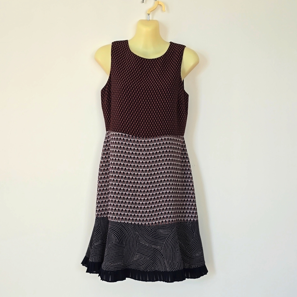 Ann Taylor Mixed Print Flounce Geometric Brown/Navy Blue/Cream Dress Size 2P